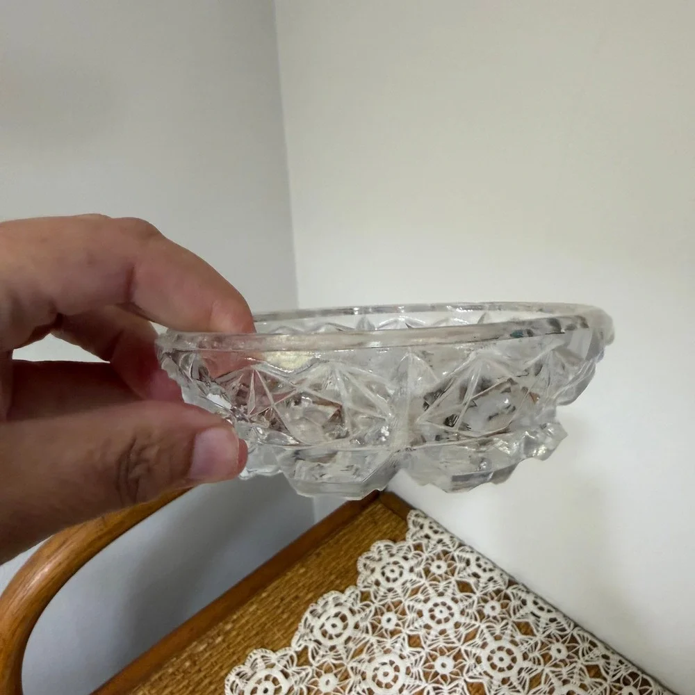 Vintage Glass Diamond Point Clear Covered Candy Dish Footed Oval 5in